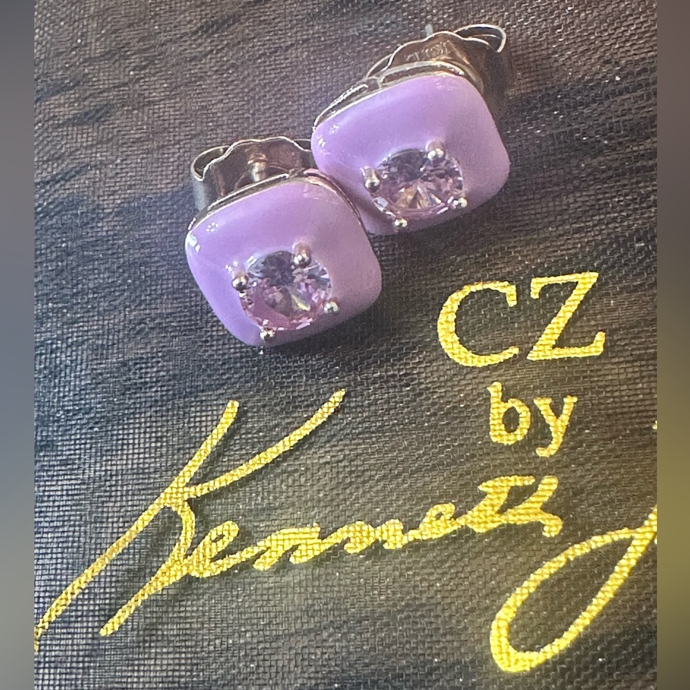 CZ by Kenneth Jay Lane 1-Carat Pink CZ Center w/ Enamel Post Earrings NWT